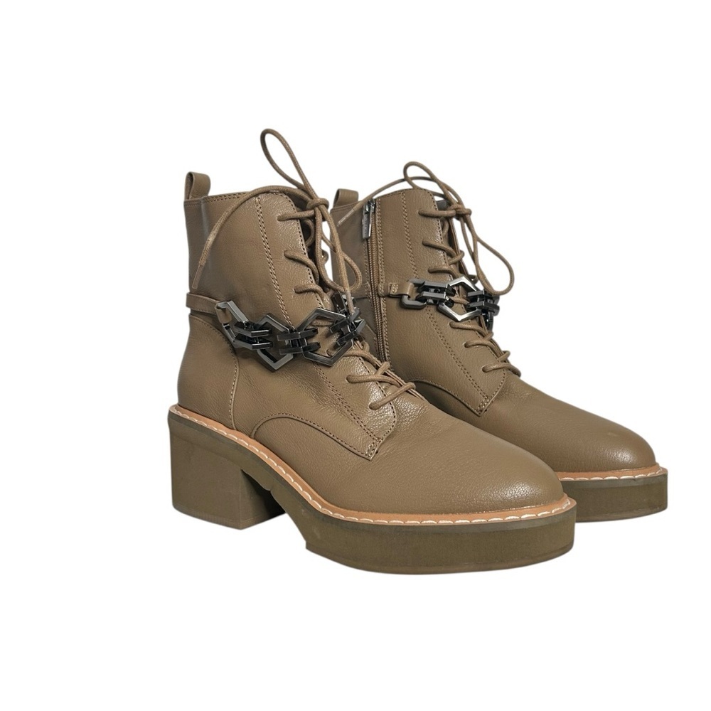Vince Camuto Keltana Leather Taupe Combat Block Heel Boots With Chain Size 8.5 - Picture 5 of 10